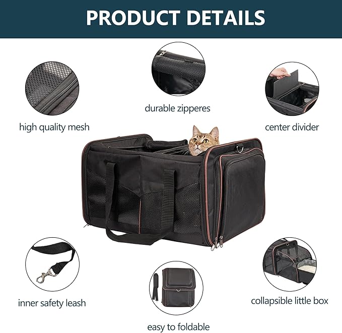 Cat Carrier for 2 Cats - INRLKIT Cat Carrier with Litter Box, Portable Dual Cat Travel Carrier Bag for Traveling, Large Double Cat Travel Carrier for Car, Pet Carrier Bag (Black)