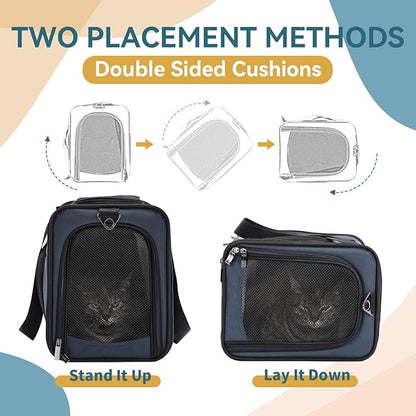 ‌Petsfit Airline Approved Pet Carrier for Small Cats, 15x8x10 TSA Approved Carrier, with Removable Dual-Sided Padding (2-Way Placement) - Fits Under Most Airplane Seats, Escape Proof (Navy)