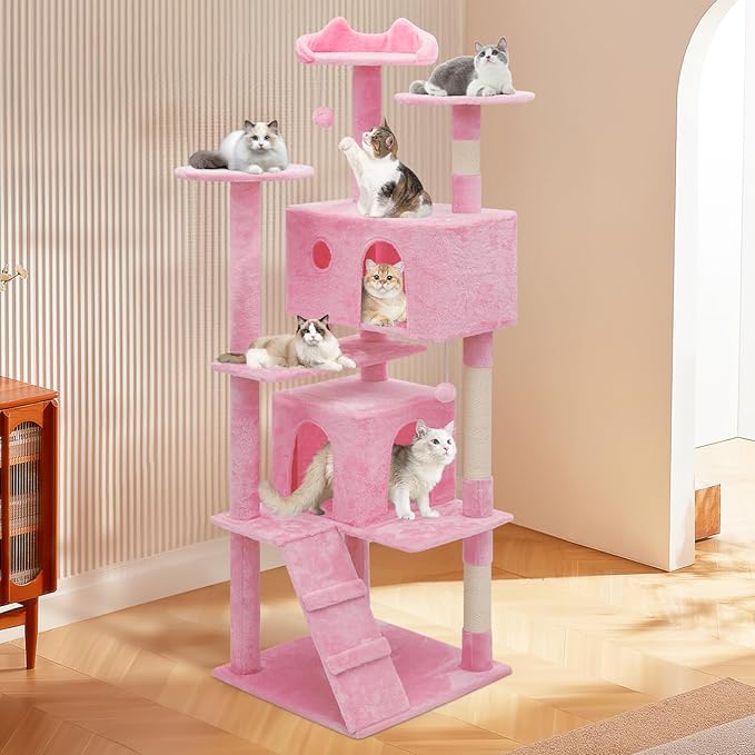 MoNiBloom 70 Inch Cat Tree Tower for Indoor Cats Large Adults, Tall Cat Tower with Scratching Post, Multi-Level Furniture Activity Center with Cat Condo Pet Play House, Soft Pink