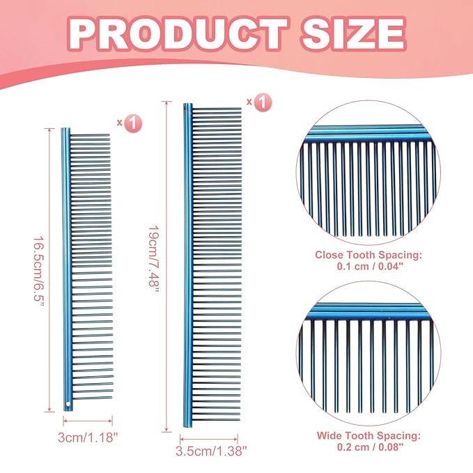 Dog Cat Comb, Pet Combs Stainless Steel Teeth with Rounded Ends for Knots Mats Loose Hair Removal, 6.5/7.5IN (Blue Plated, 2 Pack), Grooming Tool Intended for Long Curly Hair Pet