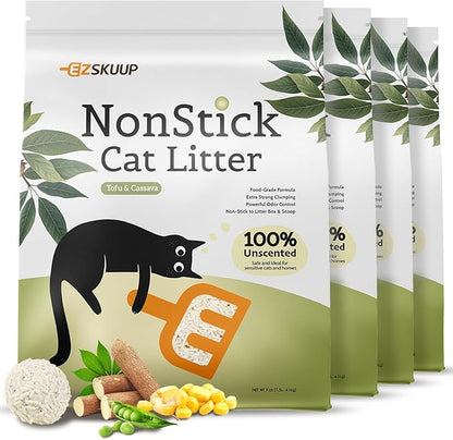 EZSKUUP Non-Stick Bottom Tofu Cassava Cat Litter, 4Pack Ultra Clumping Low Tracking Kitty Litter, Natural Biodegradable Litter, Plant Odor Control, Low Dust Easy to Scoop,36Lb