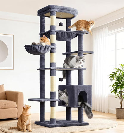 Made4Pets Tall Cat Tree, 71 Inches Cat Tree Tower for Indoor Cats Large Adult, Plush Multi-Level Cat Tower with 5 Scratching Posts, 2 Hammock, Condo and Perch, Big Cat House Indoor, Dark Grey
