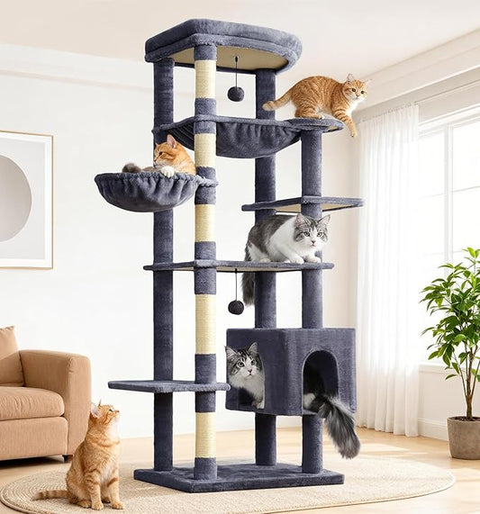 Made4Pets Tall Cat Tree, 71 Inches Cat Tree Tower for Indoor Cats Large Adult, Plush Multi-Level Cat Tower with 5 Scratching Posts, 2 Hammock, Condo and Perch, Big Cat House Indoor, Dark Grey