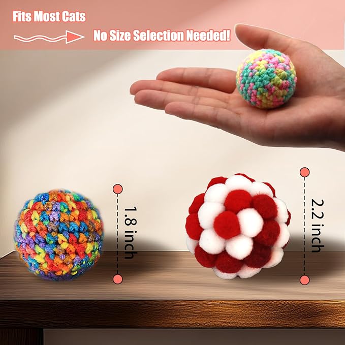 Cat Toys Balls 3 Jingle Bell Ball & 3 Soft Pom Pom Balls Interactive Kitten Toys for Hunting Kicking, Handmade Small 1.8” & Large 2.1” for Cats Kittens 6 Pack