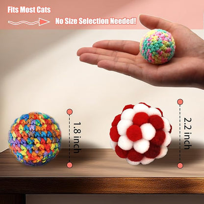 Cat Toys Balls 3 Jingle Bell Ball & 3 Soft Pom Pom Balls Interactive Kitten Toys for Hunting Kicking, Handmade Small 1.8” & Large 2.1” for Cats Kittens 6 Pack