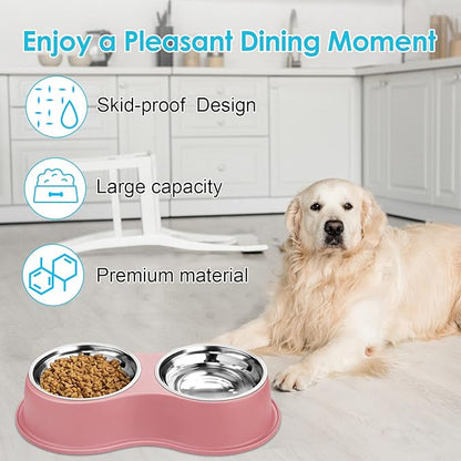 Dog Bowls Large Double Dog Water and Food Bowls Stainless Steel Bowls with Non-Slip Resin Station, Pet Feeder Bowls Food Dish for Small Medium Large Dogs Cats