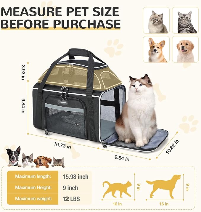 Lekereise Top-Expandable Pet Carrier - TSA Airline Approved Soft Sided Underseat Up to 12lbs Travel Carriers for Small Cats and Dogs with Locking Safety Zippers Anti-Scratch Mesh
