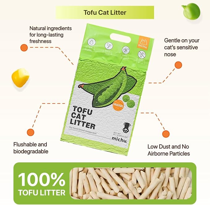 Michu Tofu Cat Litter Natural Clumping Tofu Cat Litter, Fast Clumping and Easily Scoop-able 5.5lb/88oz 5 Scents - Original + Peach, 2 Pack