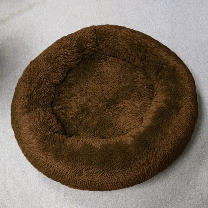 BODISEINT Faux Fur Dog Bed, Shag Round Anti-Anxiety Pet Calming Doughnut Cuddler for Medium Large Puppy Dog Cat Kennel Cushion Self Warming Bed (28'' D x 8'' H, Chocolate)
