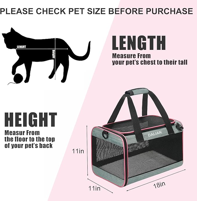 DALIAN Cat,Dog Soft-Sided Carriers,Cat Carrier Airline Approved Pet Carrier,Dog Carrier Soft-Sided Pet Travel Carrier Maximum Pet Weight 18 Pounds