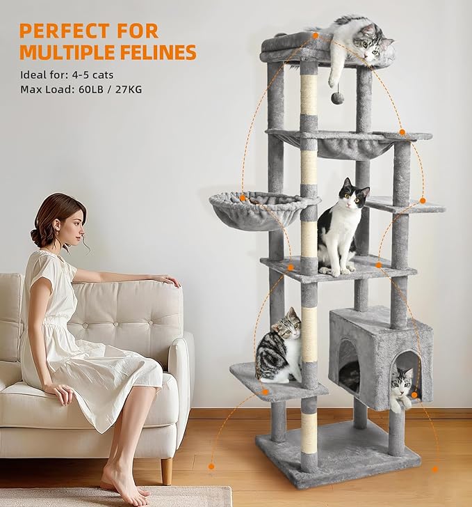 Made4Pets Tall Cat Tree, 71 Inches Cat Tree Tower for Indoor Cats Large Adult, Plush Multi-Level Cat Tower with 5 Scratching Posts, 2 Hammock, Condo and Perch, Big Cat House Indoor, Grey