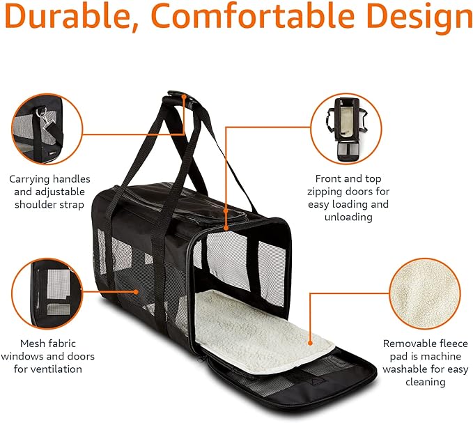 Amazon Basics Soft-Sided Mesh Pet Travel Carrier for Dog, Cat, up to 22 pounds, 19.7" L x 12" W x 12" H, Black