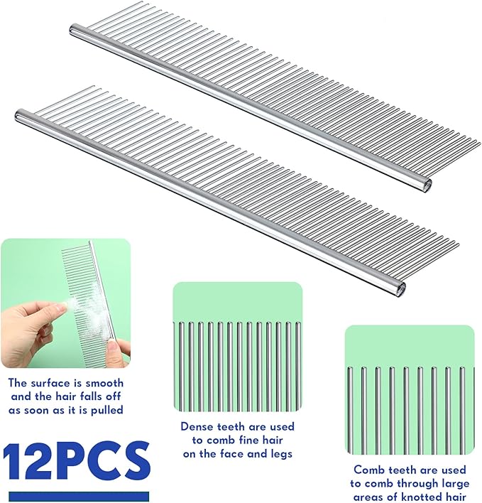Lallisa 12 Pcs Stainless Steel Dog & Cat Comb, Metal Grooming Tool for Removing Knots, Long and Short Haired Pets Including Dogs, Cats & Others, 7.48 Inch