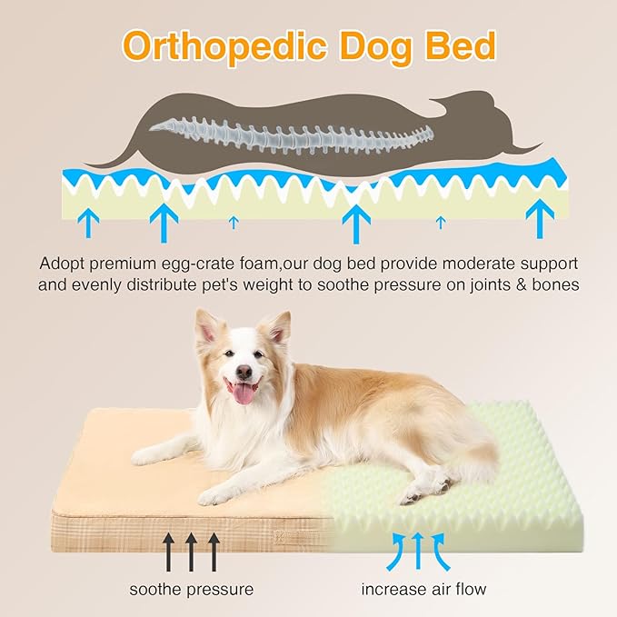 MIHIKK Washable Orthopedic Dog Bed for Large Dogs, L Waterproof Pet Bed with Egg Crate Foam Strong Support, Machine Washable Cover & Anti-Slip Bottom & Durable Zipper 35x22(Light Brown)