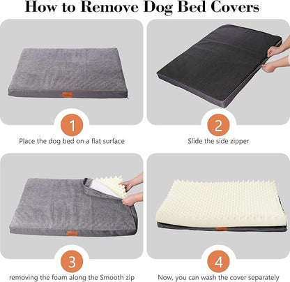 Waterproof Dog Beds for Large and Medium-Sized Dogs - Orthopedic Dog Bed Washable Crate Pad, Egg Crate Foam Pet Bed Mat with Removable Cover, Anti-Slip Kennel Pad, 35''×22'', Grey