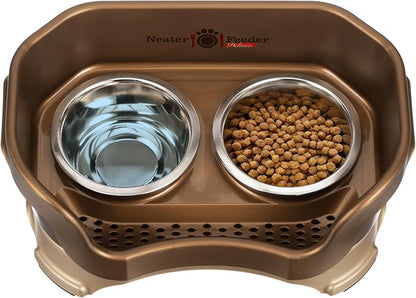 Neater Pet Brands Neater Feeder Deluxe Mess Proof Dog Bowls Elevated for Small Dogs Under 19 lbs, Made in USA, No Spill Raised Dog Food Bowl Stand Feeding Station, Food and Water Bowl Set, Bronze