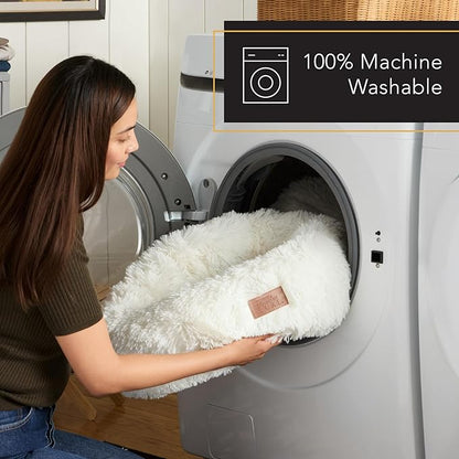 Town & Country Luxe CuddleTown Fuzzy Solid Donut Pet Bed, Soft, Cozy & Calming, Non-Slip Bottom, 100% Machine Washable, Cream, XS 19"x19"x7" Round