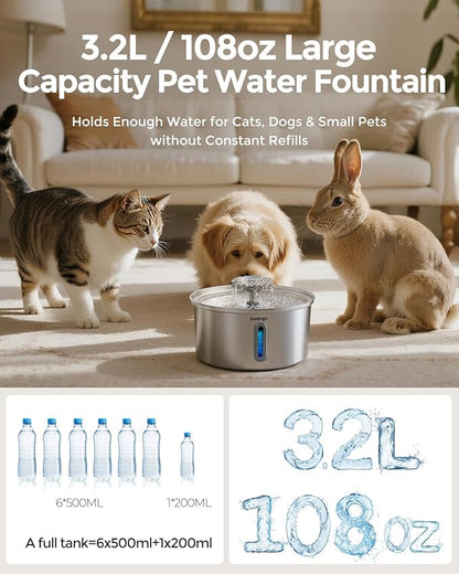 Cat Water Fountain Stainless Steel 3.2L/108oz, Invengo Automatic Pet Fountain for Cats & Dogs, Ultra Quiet <25 dB Pump, Includes 4 Replacement Filters & Sponges, LED Water Level Window, Easy to Clean