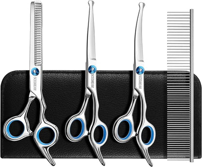 Dog Grooming Scissors for Dogs with Safety Round Tips, 5 in 1 Dog Scissors for Grooming, Professional Curved Pet Grooming Shears Set for Dogs and Cats