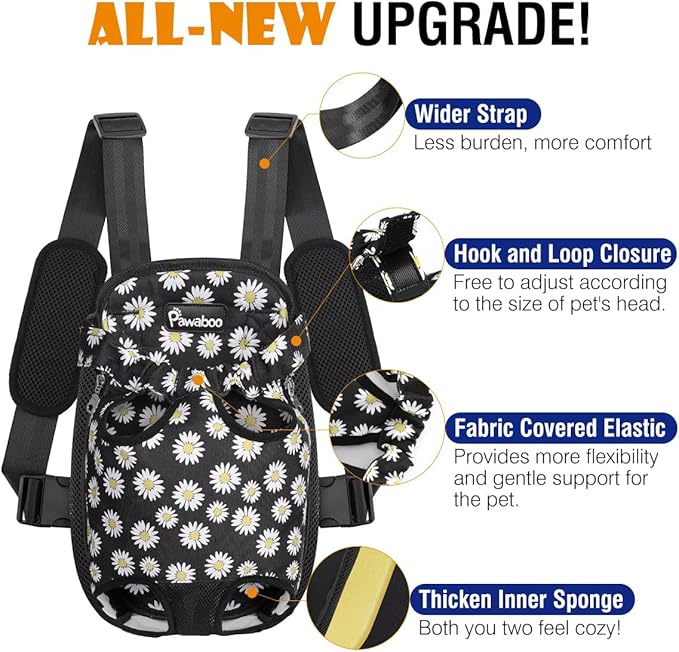 Pawaboo Pet Carrier Backpack, Adjustable Pet Front Cat Dog Carrier Backpack Travel Bag, Legs Out, Easy-Fit for Traveling Hiking Camping for Small Medium Dogs, Medium Size, Black Daisy