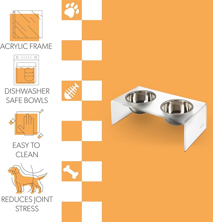 THE LICKER STORE DBL2001K Keaton 7.5" Medium/Large Modern Acrylic Rectangular Elevated Pet Feeder with 54oz 2-Stainless Steel Bowls, Moon White/Chrome