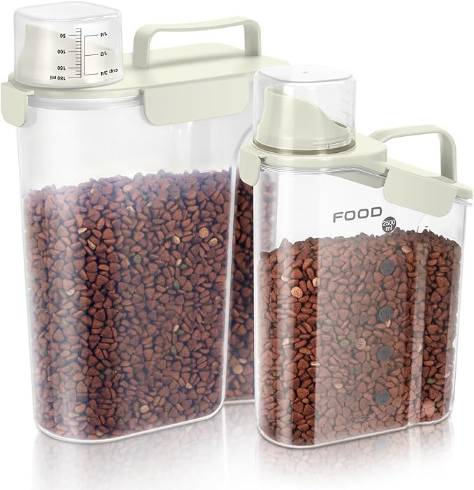 8-12 LBS Cat Dog Pet Food Storage Container, Plastic Dispenser Upgraded Large Nozzle, BPA-free, With Sealed Clasps, Measuring Cup and Handle, Easy to Clean and Carry -2 Packs Beige