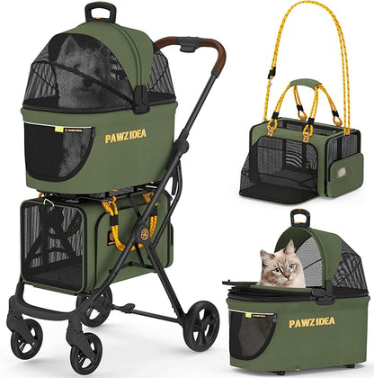 PAWZIDEA Double Pet Stroller with 2 Detachable Carriers, Portable Dog Crate for Car Travel & TSA-Approved Expandable Cat Carrier, Foldable Lightweight Jogger Stroller for 2–4 Cats or Small/Medium Dogs