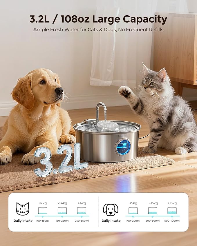 Invengo Cat Water Fountain Stainless Steel, 3.2L/108oz Pet Drinking Fountain for Cats Dogs, Automatic Cat Fountain with 2 Flow Modes, Splash-Proof Bowl, Includes 4 Replacement Filters