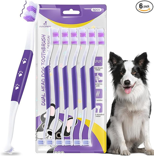 Dog Toothbrush – Newly Upgraded Dual-Head Design with 60° Wavy Bristles–Gently Surrounds Teeth for Deep Cleaning and Plaque Removal – Non-Slip Handle, Ideal for Daily Pet Dental Care (Purple, 6-Pack)