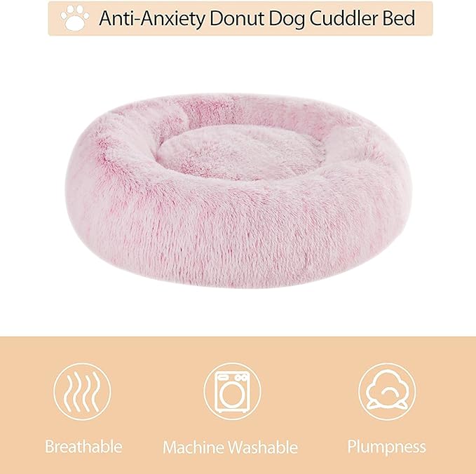 WNPETHOME Calming Dog Bed Cat Bed Donut, Faux Fur Pet Bed Self-Warming Donut Cuddler, Comfortable Round Plush Dog Beds (30 x 30 x 10 Inch, Light Pink)
