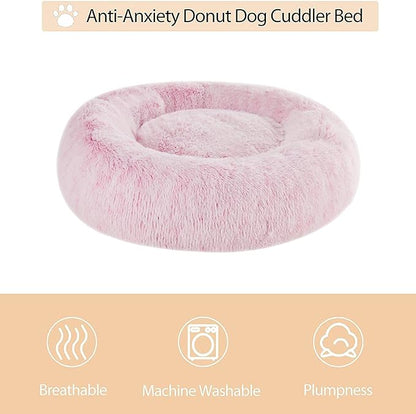 WNPETHOME Calming Dog Bed Cat Bed Donut, Faux Fur Pet Bed Self-Warming Donut Cuddler, Comfortable Round Plush Dog Beds (30 x 30 x 10 Inch, Light Pink)