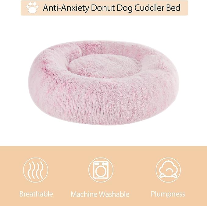 WNPETHOME Calming Dog Bed Cat Bed Donut, Faux Fur Pet Bed Self-Warming Donut Cuddler, Comfortable Round Plush Dog Beds (20 x 20 x 8 Inch, Light Pink)