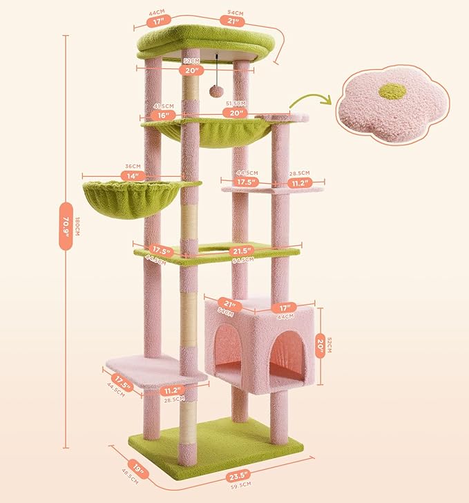 Made4Pets Tall Cat Tree, 71 Inches Cat Tree Tower for Indoor Cats Large Adult, Plush Multi-Level Cat Tower with 5 Scratching Posts, 2 Hammock, Condo and Perch, Big Cat House Indoor, Pink
