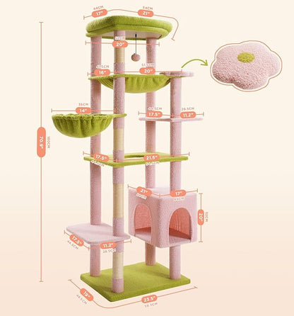 Made4Pets Tall Cat Tree, 71 Inches Cat Tree Tower for Indoor Cats Large Adult, Plush Multi-Level Cat Tower with 5 Scratching Posts, 2 Hammock, Condo and Perch, Big Cat House Indoor, Pink