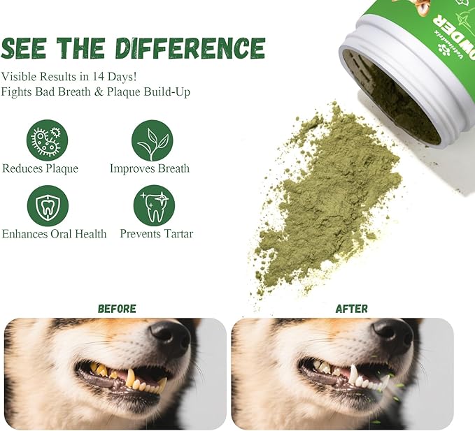 Dog Teeth Cleaning Powder, Dog Dental Powder for Teeth Cleaning and Dog Breath Fresh for Dogs with Probiotic & Tartar Remover, Plaque Off Dog Tooth Cleaning (80g)