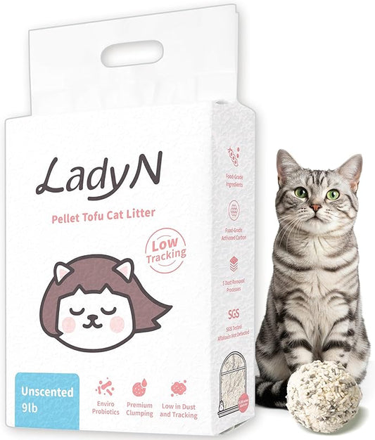 Lady N Pellet Tofu Cat Litter, Strong Clumping Ultra Absorbent, Dust-Free Low Tracking, Enviro-probiotic and Activated Carbon for Odor Control 9lb (1 Pack Unscented)