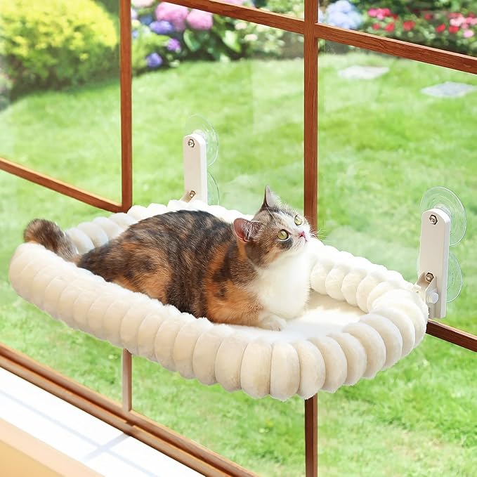 Zakkart SnugCloud Foldable Cat Window Perch - Cordless, Ultra Soft Machine Washable Bed with 4-Sided Bolster, Metal Frame - Window Hammock for Large Cats and Kittens (Cream White, Large)