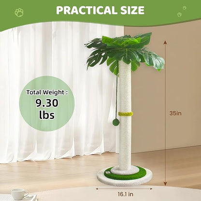 Meowoou Cat Scratching Post for Space-Saving,35” Tall Modern Monstera 3 Layer Cat Tree Tower with Sisal Rope Hanging Interactive Ball for Indoor Cats and Kitten Climbing,Play & Rest