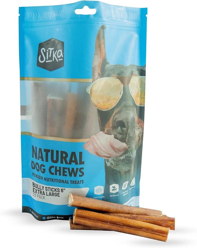 Sitka Farms Bully Sticks XL 6 inch Premium - 22 Count - Single Ingredient Treat for Small, Medium Dogs, Aggressive Chewers for Puppies - Natural Grass Fed High Protein Long Lasting Treats
