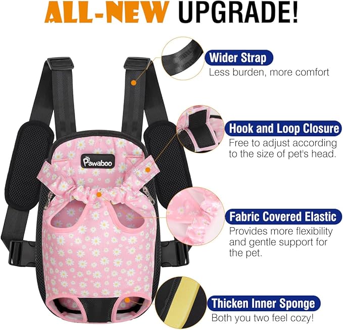 Pawaboo Pet Carrier Backpack, Adjustable Pet Front Cat Dog Carrier Backpack Travel Bag, Legs Out, Easy-Fit for Traveling Hiking Camping for Small Medium Dogs, Medium Size, Black + Pink Daisy