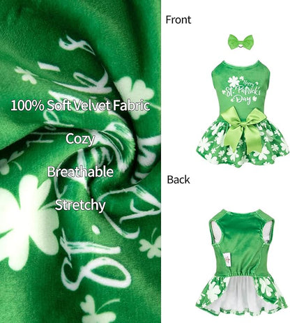 CuteBone St.Patrick's Day Dog Green Dress Velvet for Small Dogs Girl Puppy Dresses Clover Dog Clothes CVA14L-D