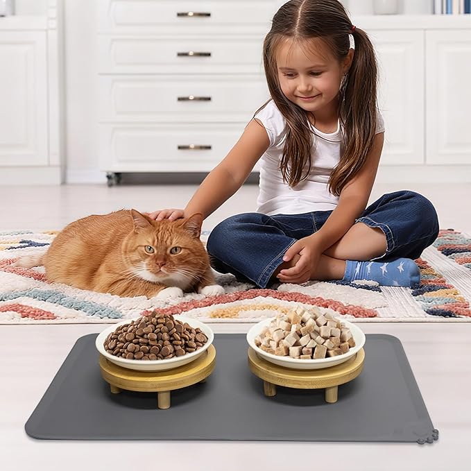 Upgraded Elevated Cat Bowls with Food Mat, Raised Ceramic Cat Dishes with Bamboo Stand, Shallow Wide Pet Feeding Bowls Whisker-Friendly for Food and Water