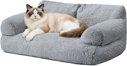 Plush Cat Couch Bed - Cat Bed for Indoor Cats, Dog Sofa Bed, Cotton Fleece Calming Pet Couch with Removable Cover, Breathable Pet Sofa for Small/Medium Pets (26×18×12in, Grey)
