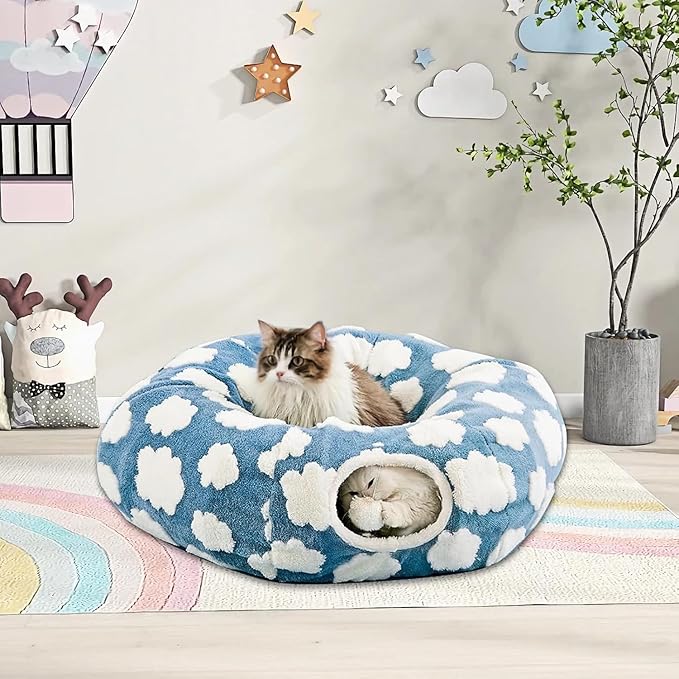 Cat Tunnel Bed with Washable Cushion for Indoor Cat, Donut Cave Tube Toys for Kitten Puppy Rabbit, Blue