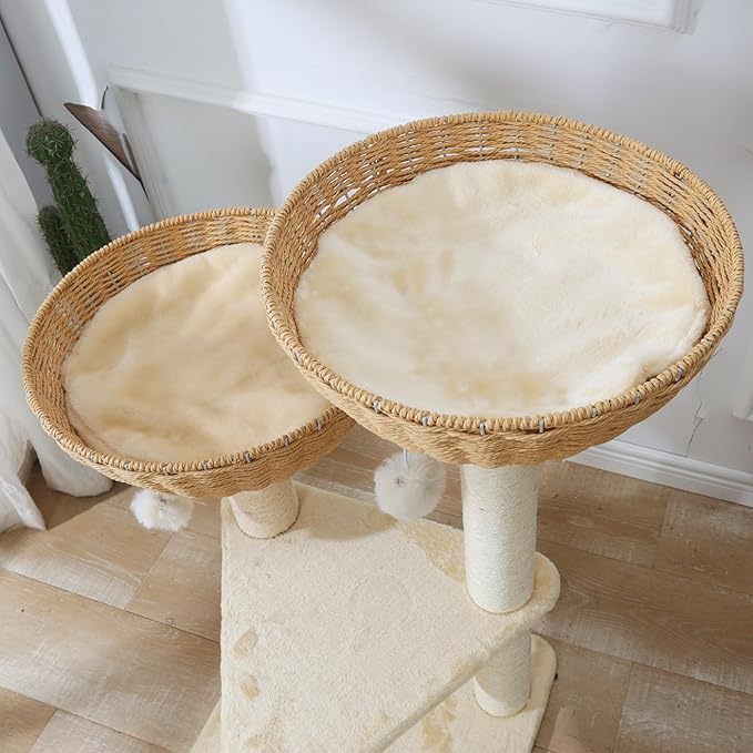 SHENGOCASE Cat Tree Tower with Rattan Wicker Basket, 2 Handwoven Large Nest Baskets Bed, Window Perch for Large Cats up to 20LBS