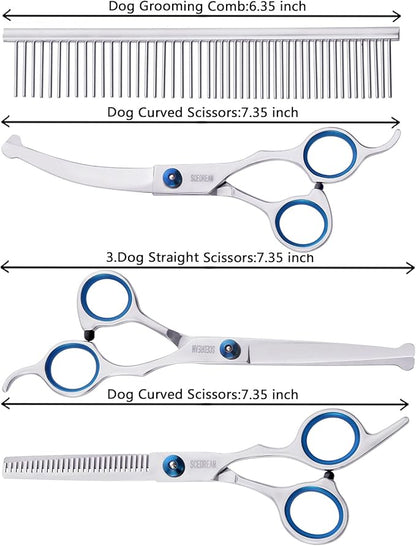 Dog Grooming Scissors for Dogs with Safety Round Tips, 5 in 1 Dog Scissors for Grooming, Professional Curved Pet Grooming Shears Set for Dogs and Cats