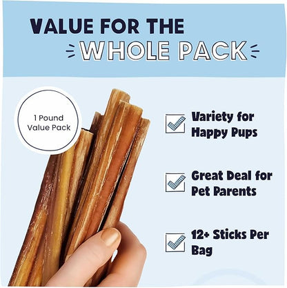 Pawstruck All-Natural 9" Bully Sticks for Dogs - Long Lasting, Rawhide-Free, Low Odor & Grain-Free Dental Chew Treat - Healthy Single Ingredient, 100% Real Beef - 1 lb Bag