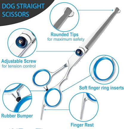 5 in 1 Premium Dog Grooming Scissors, Professional Dog Scissors for Grooming with Safety Round Tips, Lengnoyp Stainless Steel Thinning Shears, Pet Cat Shears for Grooming Kit
