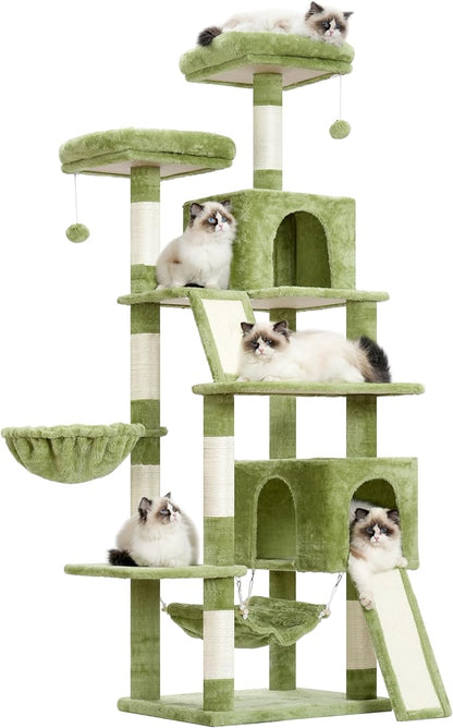 Cat Tree for Indoor Cats, 71'' (180cm) Multi-Level Cat Tower for Large Adult, Sturdy Cat Tree House with 2 Scratching Boards 7 Posts, 2 Plush Perches/Condos, Hammock, Green GCT032GR