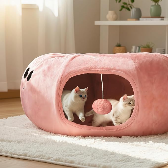 Cat Tunnel Bed for Indoor Cats, Peekaboo Cat Cave Bed,Soft Cat Donut Tunnel for Kitten Large Cats, Cute Pink Octopus Shaped